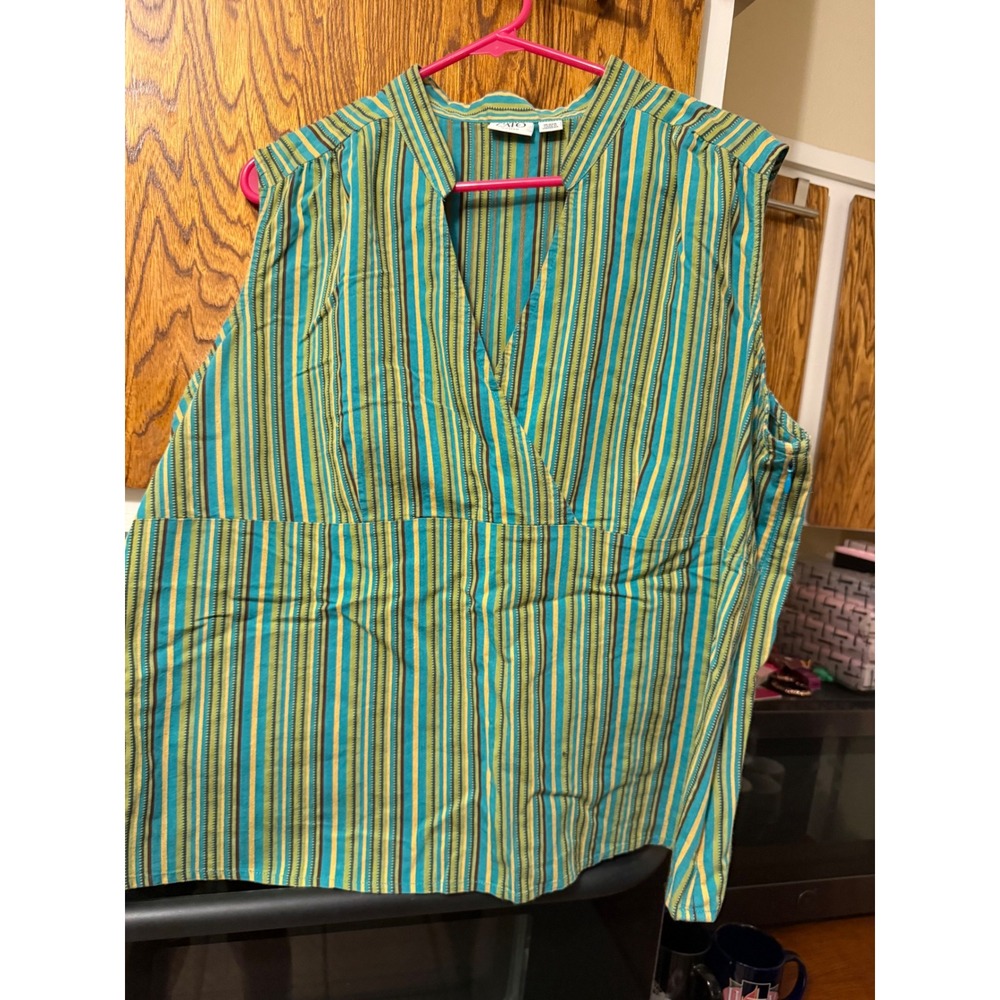 Cato Woman Sleeveless Striped V-Neck Faux Wrap Blouse Teal Green Yellow 18/20W